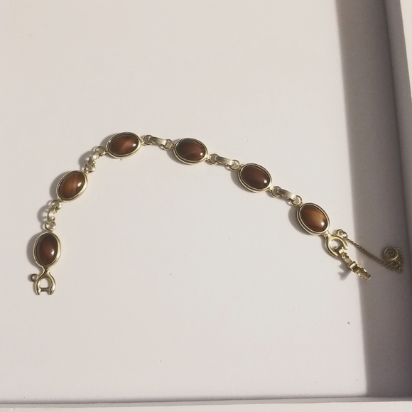 Sarah Cov Mid Century Agate Cabochons Golden Bracelet W Dafety Chain - Picture 3 of 15